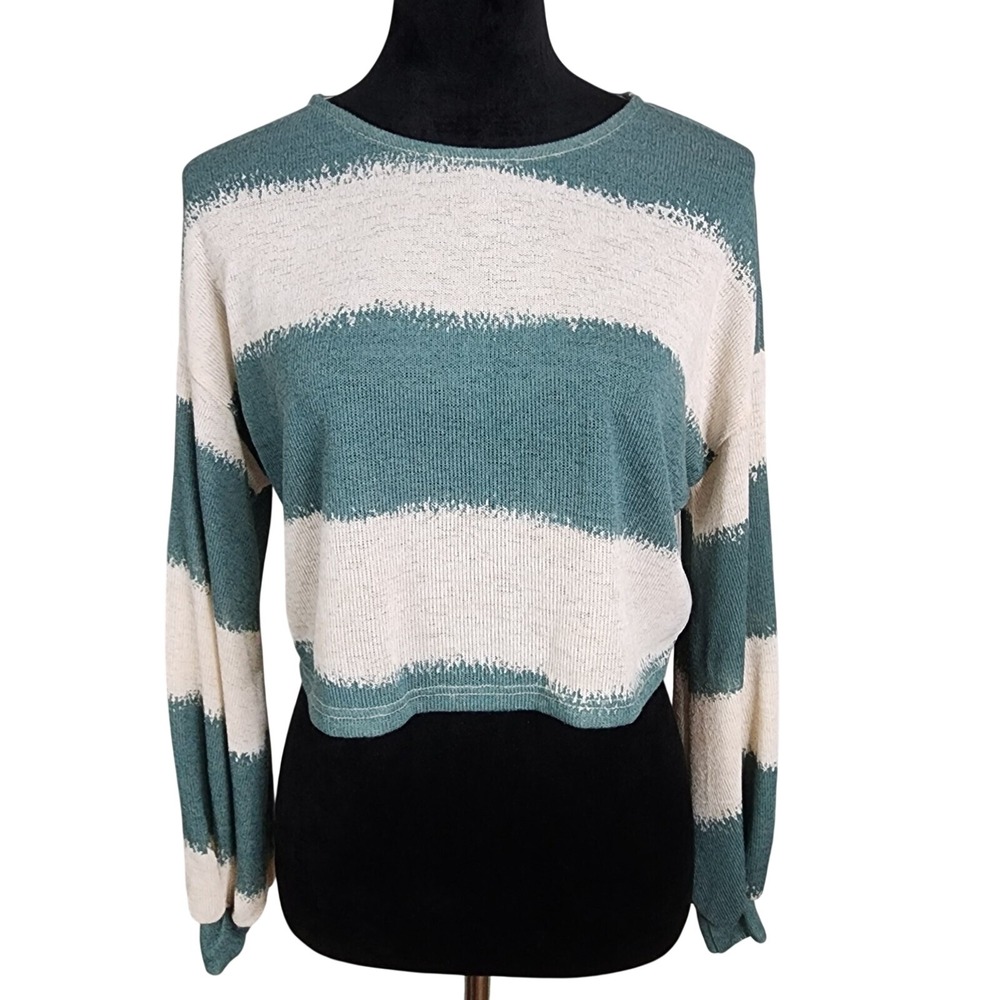 BLUE BLUSH Size Small Green Cream Striped Tight Knit Lightweight Crop Sweater